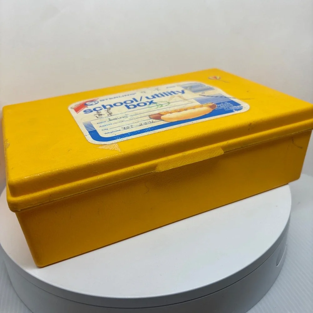 1980s Sterling Plastics Yellow School Utility Box 268 Hot‎ Dog Label 1981 USA